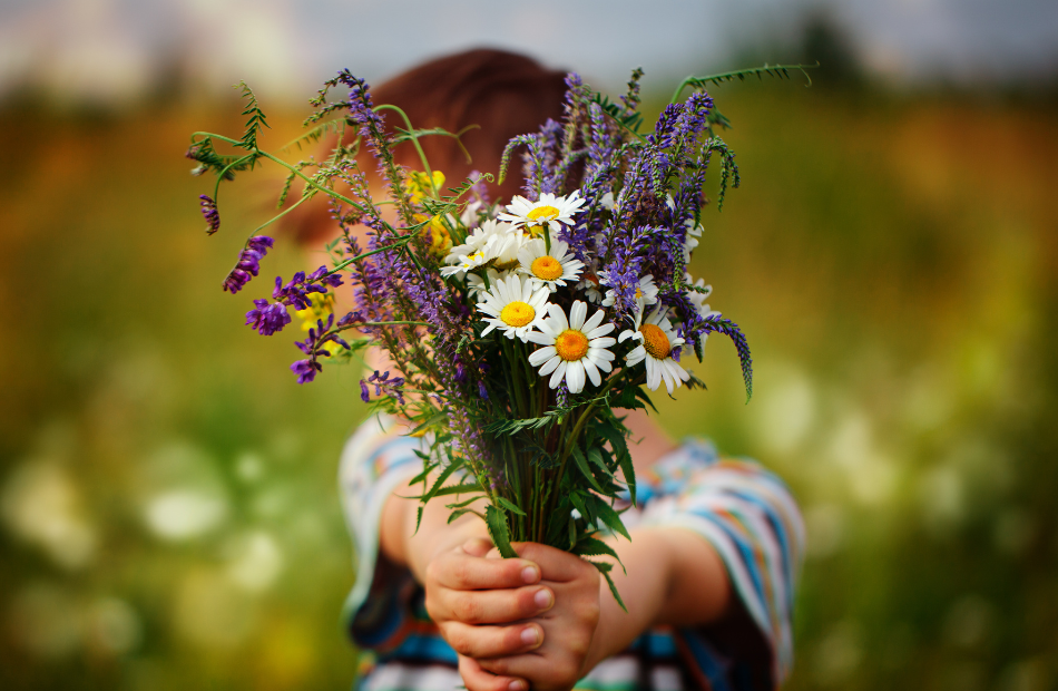 A child holding out a bouquet of flowers.